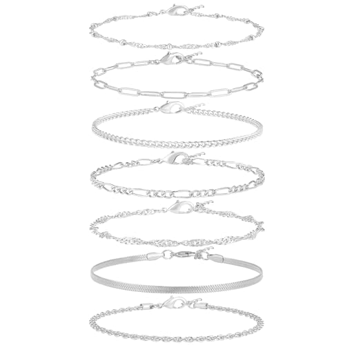 Reoxvo Silver Bracelets for Women Stack 925 Sterling Silver Chain Link Bracelets Set Jewelry for Women Trendy