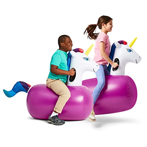 HearthSong Hop 'n Go Inflatable Bouncing Ride-On, Set of 2, 48' L x 20' W x 36' H, Set of 2, Outdoor Play, Ages 5 and Up, Unicorns
