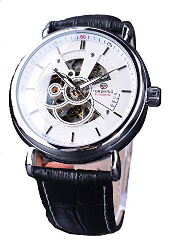 Carlien Mechanical Watch Automatic Skeleton Self Winding for Men Business Casual Stainless Steel Luminous (White)