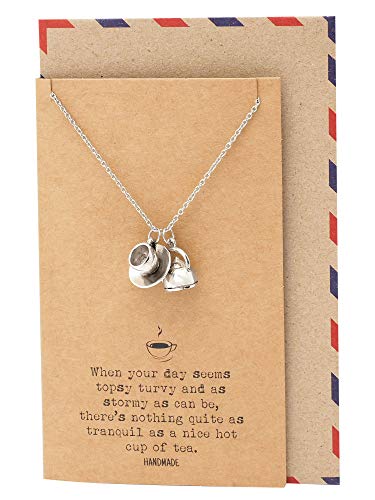 quan jewelry Teacup Teapot Charm, Tea Quotes Jewelry Gifts for Tea Lovers for Women with Inspirational Greeting Card (Teacup Teapot Necklace)
