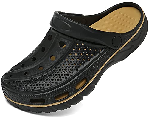 ChayChax Men's and Women's Arch Support Clogs Garden Shoes Slip-on Outdoor Beach Slippers with Removable Cushion Footbed, Black Gold, 9.5-10.5 Women/8-9 Men