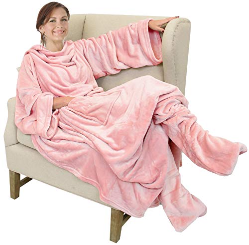 Catalonia Wearable Fleece Blanket with Sleeves and Foot Pockets for Adult Women Men, Micro Plush Comfy Wrap Sleeved Throw Blanket Robe Large, Pink