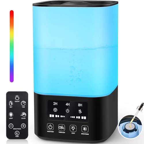 Humidifiers for Bedroom, Cool Mist Humidifiers for Large Room, 3L Top Fill Humidifiers for Home Baby Nursery, Remote Control, 360°Nozzle, Auto Shut-Off, Sleep Mode, 3 Mist Levels, Nightlight, Timer