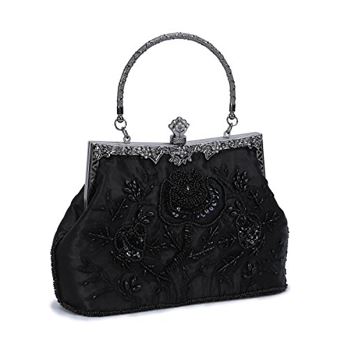 UBORSE Women's Embroidered Beaded Sequin Evening Clutch Large Wedding Party Purse Vintage Bags (Black)