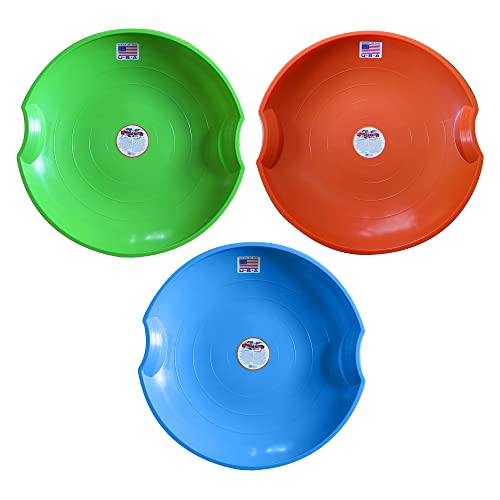 Flexible Flyer 3-Pack Snow Saucer Sleds. Round SNO Slider Discs, Blue, Orange, Green, 26'