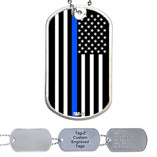 Thin Blue Line First Responder American Flag Military Dog Tag Necklace - Police - Customized Jewelry with Stainless Steel Ball Chain