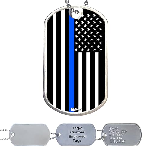 Thin Blue Line First Responder American Flag Military Dog Tag Necklace - Police - Customized Jewelry with Stainless Steel Ball Chain