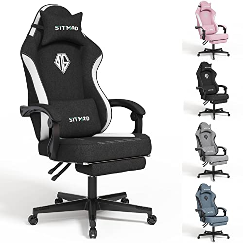 SITMOD Gaming Chairs for Adults with Footrest-PC Computer Ergonomic Video Game Chair-Backrest and Seat Height Adjustable Swivel Task Chair with Headrest and Lumbar Support(Blackwhite)-Fabric