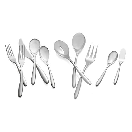 nambe Bend 45-Piece Flatware Set, 18/10 Mirror Stainless Steel Silverware Cutlery Set, Designed for Home Kitchens, Hotel, or Restaurants, Service for 5 and a 3pc Serving Utensil Set, Dishwasher Safe
