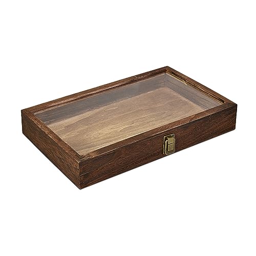 MOOCA Natural Wood Tempered Glass Top Jewelry Display Case Accessories Storage Box with Metal Clasp, Wooden Jewelry Tray for Collectibles, Home Organization, Brown