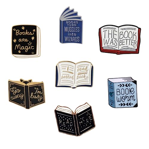 FOVIUPET 7pcs Cartoon Books Enamel Pins with Grey Velvet Bag, Magic Book Badges Cute Collar Brooch Decorative Lapel Pins for Backpack Clothing Learning Gifts for Teacher Student Book Lovers (SET A)