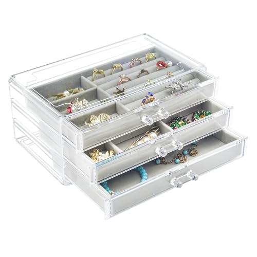 Acrylic Jewelry Box 3 Drawers, Velvet Jewellery Organizer, Earring Rings Necklaces Bracelets Display Case Gift for Women, Girls