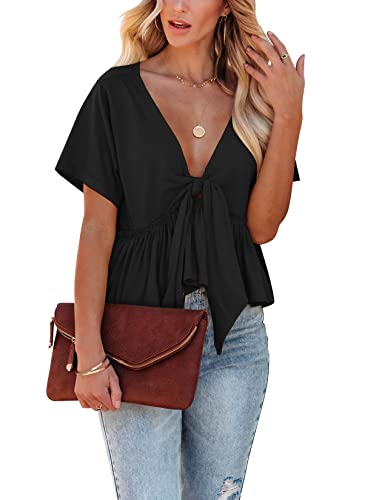 Fanway&EC Women's Short Sleeve V Neck Blouses Ruffle Hem Tie Front Crop Tops Lightweight Basic Summer Tops (Black,Large,Large,US,Alpha,Adult,Female,Regular,Regular)