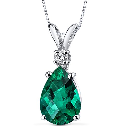 Peora Created Emerald with Genuine Diamond Pendant for Women 14K White Gold, Elegant Teardrop Solitaire, Pear Shape, 10x7mm, 1.75 Carats total