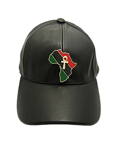 Unisex Faux Leather Baseball Cap w/Nefertiti, Ankh, Gye Nyame, Fist, Eye of Heru in Africa Map Piece (Ankh in Africa)