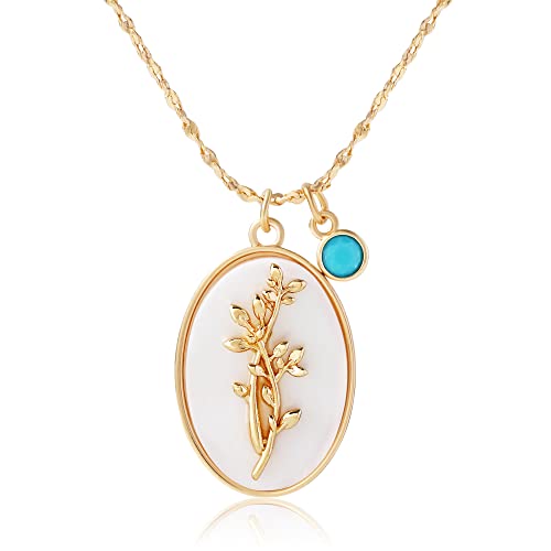 December Birth Flower Shell Cameo Necklace with Turquoise Birthstone Charms for Women Girls: Dainty 18K Gold Plated Vintage Crystal Seashell Personalized Necklaces Aesthetic Birthday Gifts