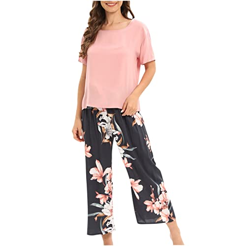 Womens Pajama Set Short Sleeve Sleepwear Floral Print Nightwear Soft Pjs Lounge Sets Crewneck Tops and Pants Outfits Pink