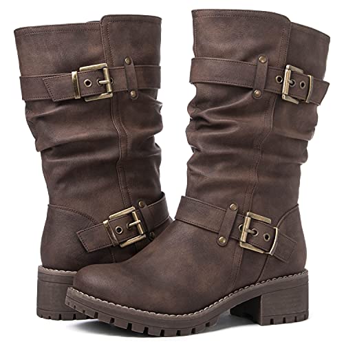 GLOBALWIN Mid Calf Dress Boots For Women Biker Boots Women Brown 9M