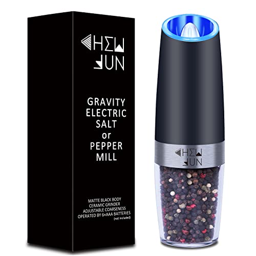Gravity Salt and Pepper Grinder with Adjustable Coarseness Automatic Pepper and Salt Mill Battery Powered with Blue LED Light,One Hand Operated,Brushed Stainless Steel by CHEW FUN