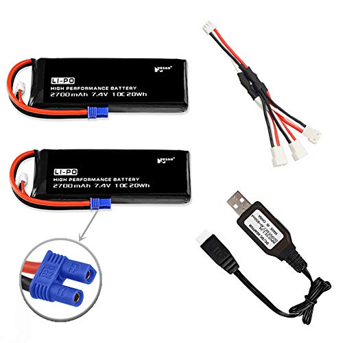 7.4V 2700mAh li-po Battery for Hubsan H501S H501A H501C RC Drone H501S-14 Battery H501S Battery 2 Pack with USB Charging Cable