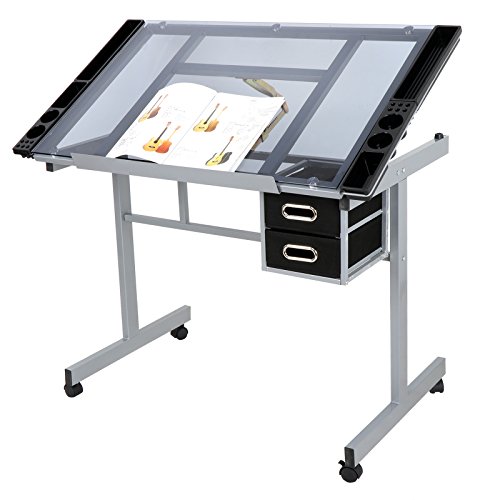 JupiterForce Adjustable Drafting Table Art Desk Drawing Table Versatile Art Craft Work Station Glass Tabletop w/2 Slide Drawers and Wheels for Reading, Writing, Painting Home Office