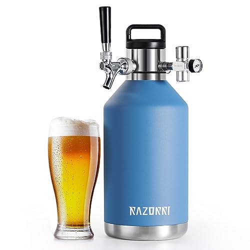 Razorri 128oz Stainless Steel Beer Growler, Double-Wall Vacuum Insulated Carbonated Keg with Professional Bar Tap and Pressurized CO2 Regulator, 1 Gallon, Ocean Blue