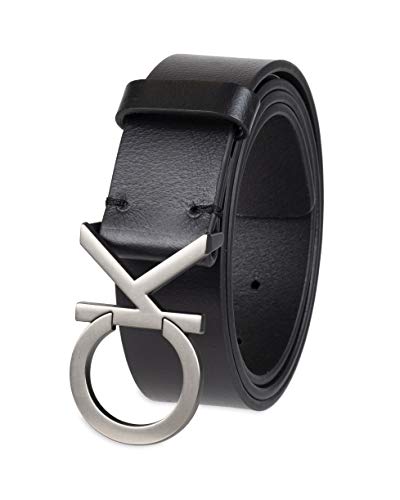 Calvin Klein Men's Casual CK Monogram Cut Out Buckle Belt, Deep Black, Medium (34-36)