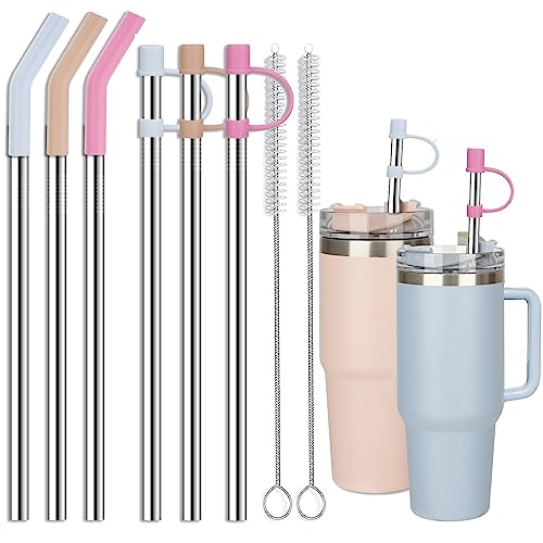 Jetstop 6 Straws with Cover for Stanley Tumbler - Reusable Stainless steel Metal with Silicone Stopper, Perfect for Stanley 40oz Accessories (12 Inch 3 Straight + 3 Bent Straws Fit 40oz)