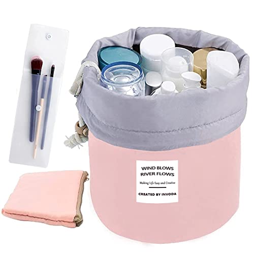 INVODA Cosmetic Bag for Women Barrel Shaped Travel Makeup Bags Large Capacity Soft Waterproof Portable Drawstring Cosmetic Bag Multifunctional Bucket Toiletry Bag (Pink)