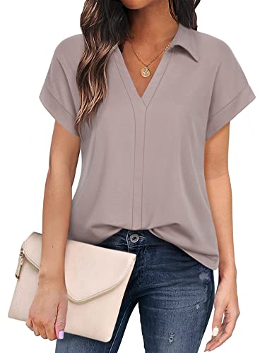 Vivilli Collared Tops for Women Work Casual Vintage V Neck Polo Blouses Short Sleeve Office Tops Dressy Tunics Blouse for Leggings Womens Work Clothes 2022 Adobe Rose L