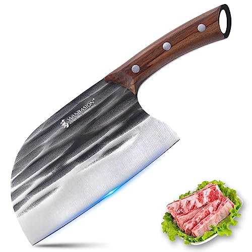 Wanbasion Chinese Butcher Knife Meat Cutting, Meat Cleaver Kitchen Chef Knife, Professional Chef Knife High Carbon Stainless Steel 7' Brown