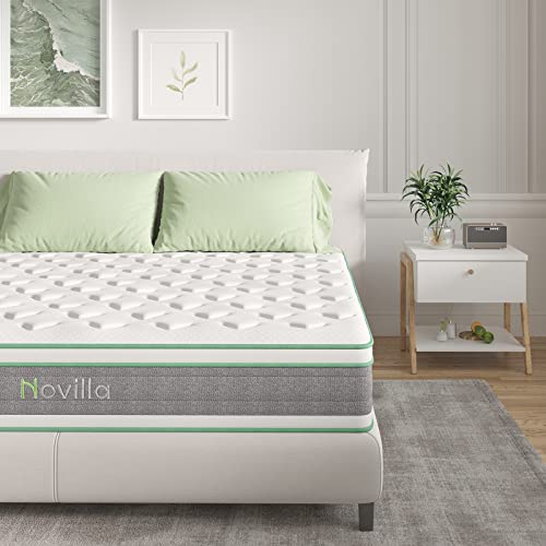Novilla Queen Mattress 12 Inch Hybrid Mattress in a Box, Innerspring Mattress with Gel Memory Foam for a Cool Sleep, Pressure Relief, Medium Firm Mattress with Pillow Top, Groove,White&Grey&Green