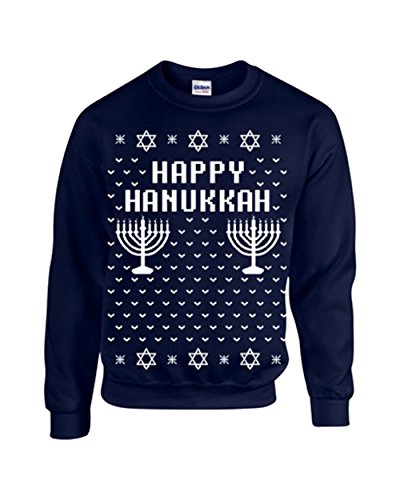Jacted Up Tees Happy Hanukkah Ugly Sweater Design Crew Sweatshirt - Large Navy (B109)