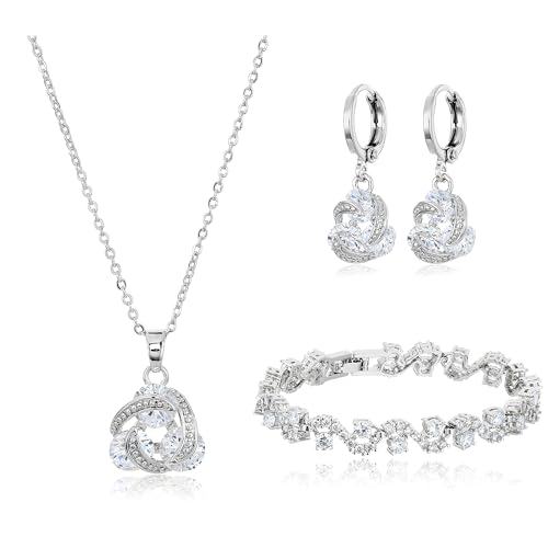 Crystalline Azuria White Cubic Zirconia Wedding Jewelry Sets for Brides Crystal Necklace Pendant Earring Set Bracelet White Gold Plated Costume Jewelry for Women