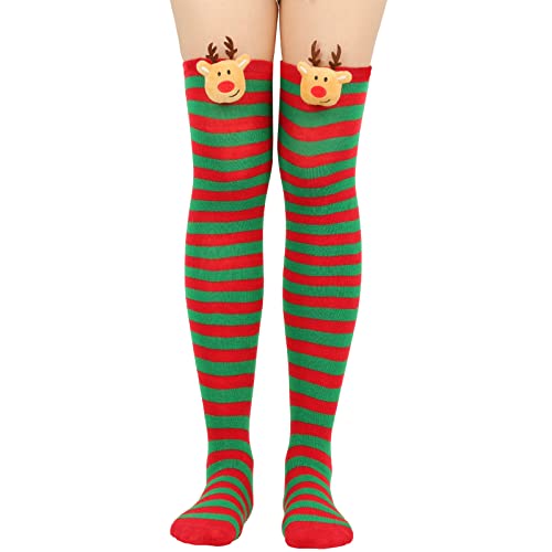 Dnuri Christmas Thigh High Socks for Women Winter Long Striped Soft Socks Cute Elk Candy Cane Cosplay High Stockings