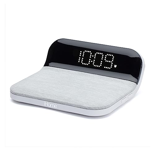 iHome iW18 Digital Alarm Clock, Dual Alarm Clock with USB Charger & QI Charging, Alarm Clocks for Bedrooms, Adjustable Brightness Dimmer (White)