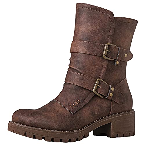 GLOBALWIN Women's Biker Boots Lace up Mid Calf Motorcycle Fashion Festival Boots Combat Riding Military Boots for Women Brown Size 8