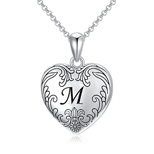 SOULMEET 18k White Gold Plated Silver Cameo Initial Heart Locket Necklace That Holds Pictures Photo Locket Necklace Alphabet M (Locket only)