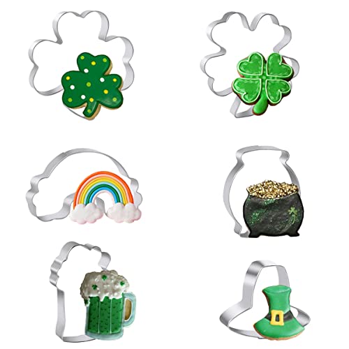 St. Patrick's Day Cookie Cutter, 6 Pcs Cookie Cutters Set Shamrock, Four Leaf Clover, Beer Mug, Rainbow, Top Hat and Pot of Gold Stainless Steel Biscuit Cutters for St. Patrick's Day Irish Party