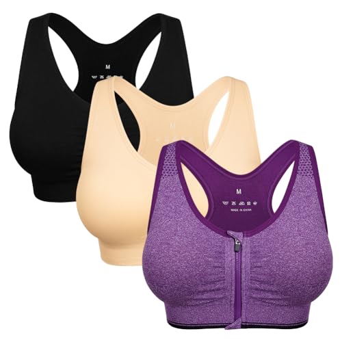 Women's Zip Front Sports Bra Wireless Post-Surgery Bra Zipper Closure Bras Padded Surgical Bra Racerback Workout Bras Active Yoga Sports Bra Zip Up Compression Bra (Large, 3 Pack(Black+Flesh+Purple))