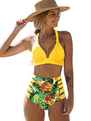 Women High Waisted Swimsuit Halter Triangle Bikini Push Up Swimwear(Tropical/Yellow,Large)