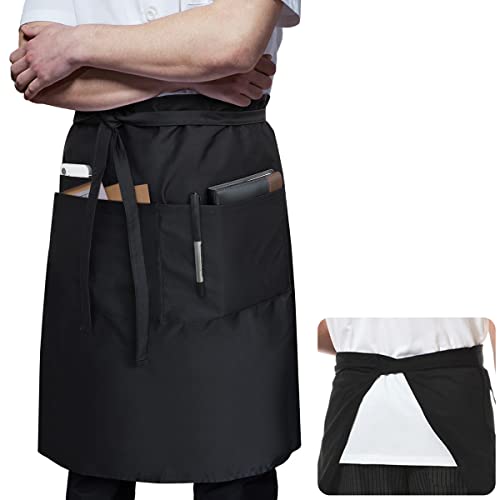 ROTANET Long Server Apron Black with 3 Pockets Bistro Half Aprons for Men Women Waiter Waitress Chef 28 Inch Waterproof