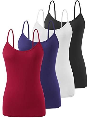 Air Curvey 4 Piece Camisole for Women Basic Cami Undershirt Adjustable Spaghetti Strap Tank Top Black White Navy Wine Red XL