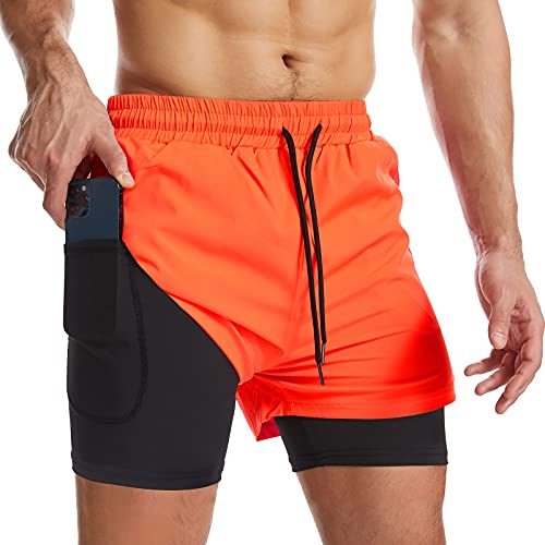 Surenow Mens 2 in 1 Running Shorts Quick Dry Athletic Shorts with Liner, Workout Shorts with Zip Pockets and Towel Loop Orange Red