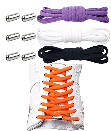 CaseHQ 3Pairs Elastic No Tie Shoe Laces-One Size Fits All for Kids and Adults-Tieless Elastic Shoe Laces Shoestrings-Black+white+purple