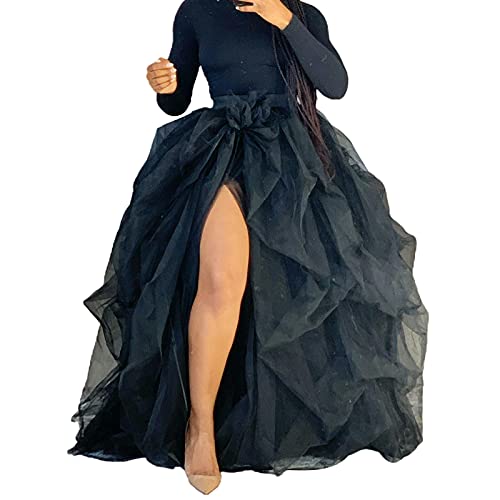 Women's Tulle Maxi Skirt Floor Length Layered High Waist Split Skirt A-Line Puffy Mesh Tutu Skirt for Wedding Party (Black, One Size)