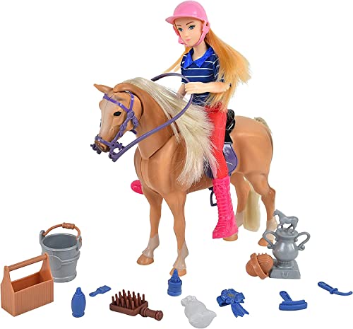 Sunny Days Entertainment Palomino Horse with Rider - Playset with 14 Realistic Grooming Accessories and Sounds | Blonde Doll in Riding Outfit | Horse Toys for Girls and Boys - Blue Ribbon Champions