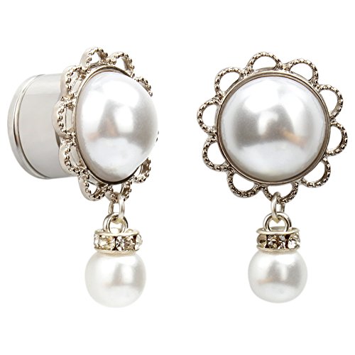 KUBOOZ Pearl Pendant Ear Piercing Jewelry Stainless Steel Tunnels and Plugs Ear Expander Reamer Guages 00g