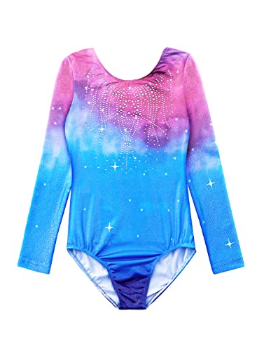 EQSJIU Gymnastics Leotards For Girls Long Sleeve Color Gradient Purple Blue Sparkly Shiny White Diamond Pattern Gymnastics Clothes For Love Sports Girls 7-8 Years Birthday Gifts