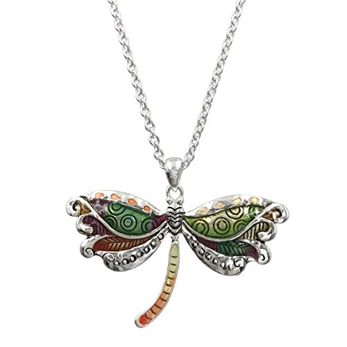Whimsical Long Multi Color Hand Panted Enamel Unique Silver Tone Theme Pendant Necklace (Dragonfly)
